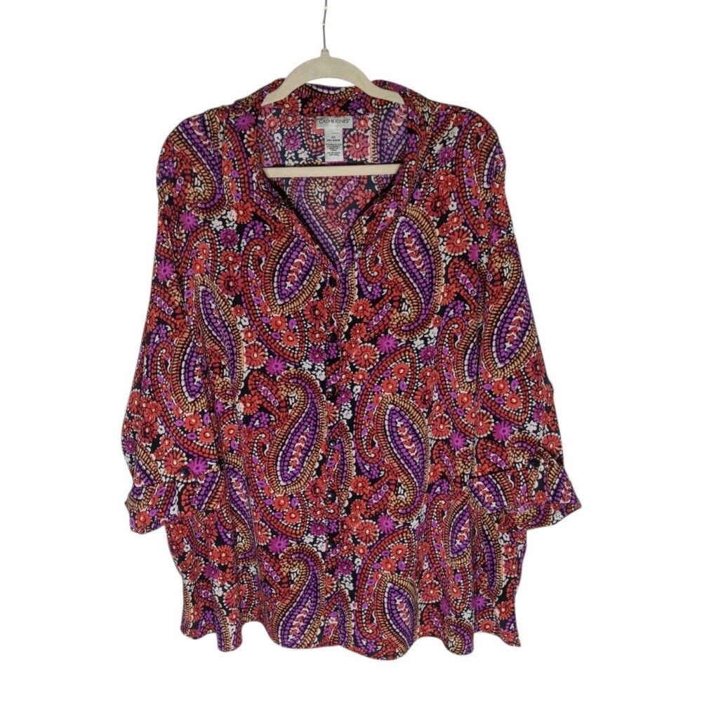 Catherines Paisley Button-Down Blouse Plus 3X Roll Tab V-neck Office Summer
